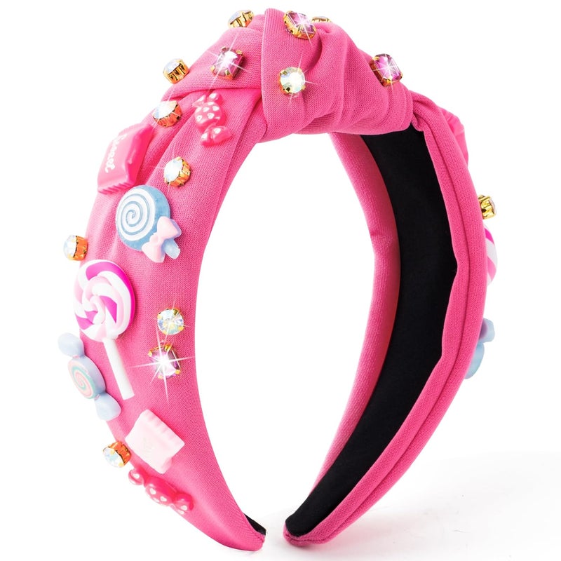 PANTIDE Candy Jeweled Knotted Headband - Christmas Sugar Lollipop Rhinestone Crystal Embellished Preppy Headband Wide Top Knot Fashion Hair Accessories Candyland Birthday Gift for Women Girls (Pink) - Image 1